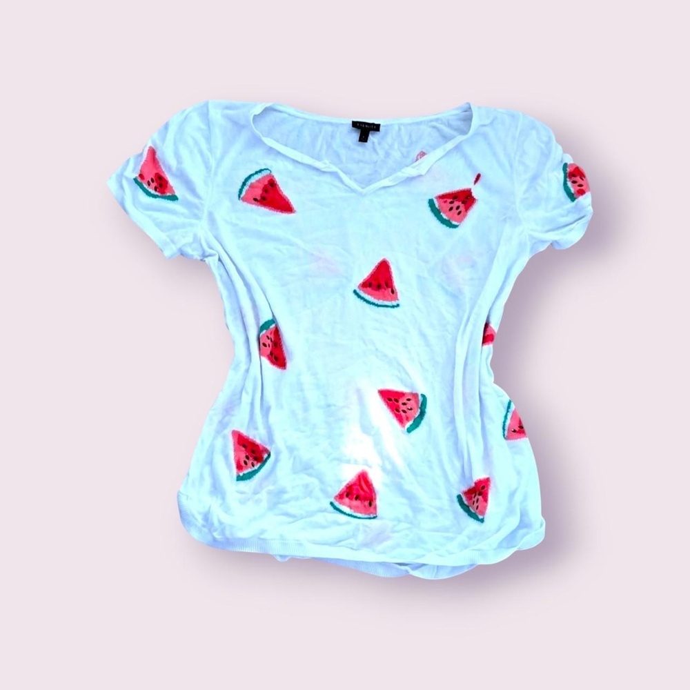 Watermelon tee funky fashion fruit print knit tee with beading details, tommy Fe